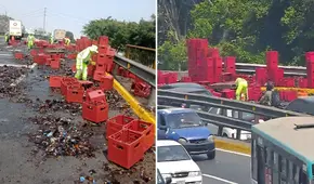Decenas de cajas de cerveza quedan regadas en la Vía de Evitamiento tras accidente de camión de carga