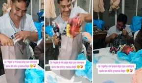 Le regala a su papá el juguete que quiso de niño y lo hace llorar de emoción: "Parece que empezó a llover"