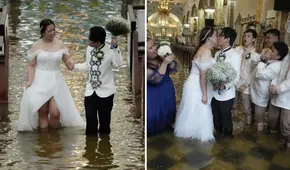 Pareja en Filipinas contrajo matrimonio en una iglesia inundada por las lluvias del tifón Whipa: "Es un sacrificio"
