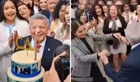 César Acuña aplaza conferencia de prensa para celebrar su cumpleaños y bailar con funcionarias