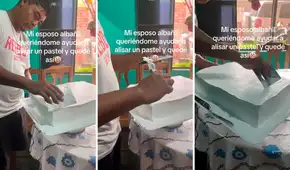 Mujer pide ayuda a su esposo albañil para alisar una torta y en redes lo bautizan: "El maestro pastelero"