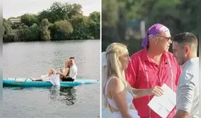 Pareja sorprende al casarse sobre el agua y se vuelve viral con su boda flotante: dieron el 'sí' frente a 80 invitados en kayaks