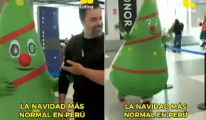 Mujer se disfraza de árbol de Navidad para recibir a su esposo en el aeropuerto y redes estallan: "Baila, arbolito, baila"