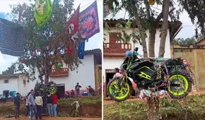 Cuelgan moto 0 km en yunza por carnavales en Huánuco y desata furor en redes: "Es un árbol millonario"