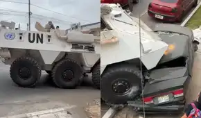 Tanqueta de la ONU provoca aparatoso choque en Chorrillos: blindado destruye auto y derriba postes