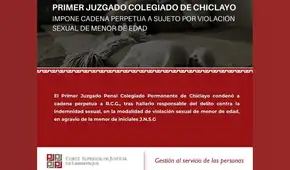 Primer Juzgado Colegiado de Chiclayo dicta cadena perpetua por violación sexual de menor