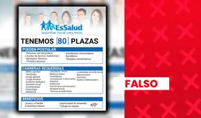 Es falso que EsSalud haya publicado una convocatoria laboral de 80 plazas para profesionales de la salud y otras áreas