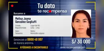 Melisa González Gagliuffi: Mininter ofrece 30.000 soles por fugitiva que atropelló a 3 jóvenes Melisa González Gagliuffi: Mininter ofrece 30.000 soles por fugitiva que atropelló a 3 jóvenes