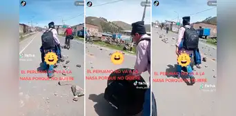 ¡Ingenio peruano! Hombre varado por manifestaciones traslada su pesado equipaje en una rueda