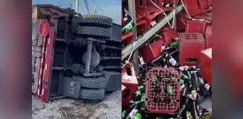 Camión repleto de cajas de cerveza se vuelca a causa del mal estado de vías en Arequipa Camión repleto de cajas de cerveza se vuelca a causa del mal estado de vías en Arequipa