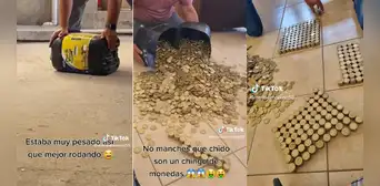 Pareja abre envase de sus ahorros tras 3 años de llenarlo solo con monedas y sorprende a usuarios