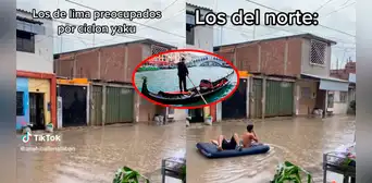 Jóvenes son vistos navegando en colchón inflable por aguas que dejaron las lluvias del ciclón Yaku Jóvenes son vistos navegando en colchón inflable por aguas que dejaron las lluvias del ciclón Yaku