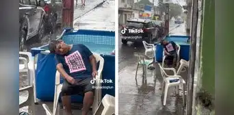Hombre sorprende al tomar una siesta pese a la intensa lluvia y usuarios quedan en shock