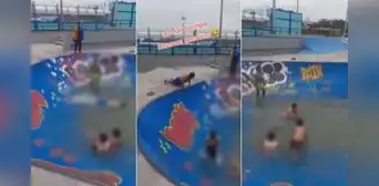 Peruanos usan skatepark como piscina tras inundaciones en Chimbote: “En Perú nadie se aburre”