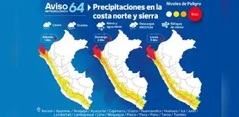 Senamhi advierte de fuertes lluvias acompañadas de descargas eléctricas en la costa norte y sierra