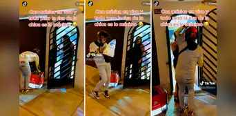 Repartidor entrega pedido y al escuchar pegajosa música saca a bailar a la dueña de la casa