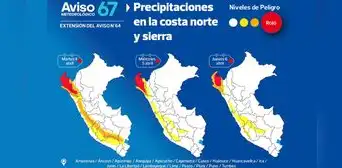 Se reporta lluvias con descargas eléctricas en la costa norte y sierra con umbral rojo de peligro