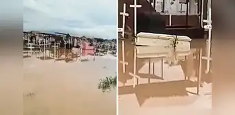 Piura: cementerio se inunda y ataúdes de difuntos flotan en las aguas pluviales Piura: cementerio se inunda y ataúdes de difuntos flotan en las aguas pluviales