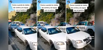 Quiso evitar larga fila de autos y adelantó por el carril contrario, pero se topó con camioneta de policías