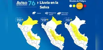 Senamhi advierte de lluvias acompañadas con fuertes ráfagas de viento en la selva