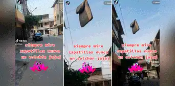¿No eran solo zapatillas? Vecinos captan un colchón colgado en un cable de luz ¿No eran solo zapatillas? Vecinos captan un colchón colgado en un cable de luz