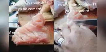 Mujer estaba cortando pollo crudo y se aterra al ver que este comienza a moverse Mujer estaba cortando pollo crudo y se aterra al ver que este comienza a moverse