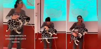 Estudiante de veterinaria lleva a su perrita para que la ayude en su exposición: "Todo por las croquetas" Estudiante de veterinaria lleva a su perrita para que la ayude en su exposición: "Todo por las croquetas"
