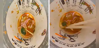 Degustaba fideos instantáneos y queda atónito al hallar una rana nadando en su comida Degustaba fideos instantáneos y queda atónito al hallar una rana nadando en su comida