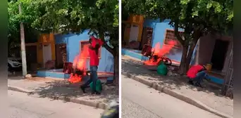 Repartidor llora de desesperación al ver como se incendiaba su motocicleta Repartidor llora de desesperación al ver como se incendiaba su motocicleta