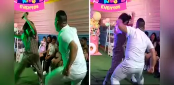 Papá de cumpleañera se une a reto para bailar saya con payasito y dejó en shock a los invitados