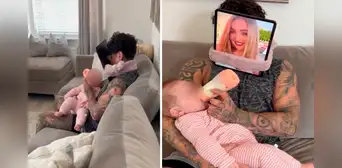 Padre se coloca una tablet en la cara con la foto de su pareja para darle de comer a su hija Padre se coloca una tablet en la cara con la foto de su pareja para darle de comer a su hija