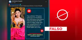 Yarita Lizeth no dijo que donará 15 buses para que puneños "se movilicen hacia la 'Toma de Lima'" Yarita Lizeth no dijo que donará 15 buses para que puneños "se movilicen hacia la 'Toma de Lima'"