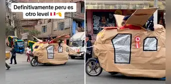 Padres peruanos convierten mototaxi en nave de las Fuerzas Aéreas por desfile de Fiestas Patrias Padres peruanos convierten mototaxi en nave de las Fuerzas Aéreas por desfile de Fiestas Patrias