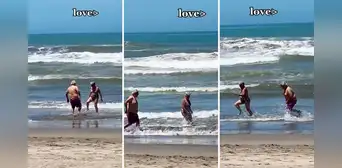 ¡Más enamorados que nunca!: pareja de adultos mayores juega en la playa y escena cautiva en redes ¡Más enamorados que nunca!: pareja de adultos mayores juega en la playa y escena cautiva en redes