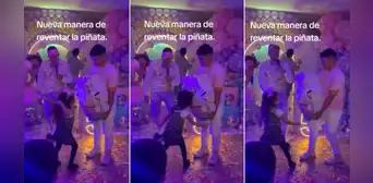 ¡No paro de reír! Niña causa furor con su peculiar manera de reventar la piñata en su fiesta ¡No paro de reír! Niña causa furor con su peculiar manera de reventar la piñata en su fiesta