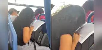 Captan a joven durmiendo en el bus con un libro entre sus manos y usuarios la animan: “No te rindas”