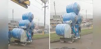 Hombre sorprende al trasladar 4 cisternas en mototaxi por una transitada carretera peruana Hombre sorprende al trasladar 4 cisternas en mototaxi por una transitada carretera peruana