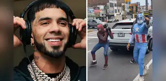 Anuel AA impresionado con show de artistas disfrazados de Avengers bailando en calles de Perú