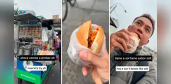 Turista en Perú tiene sorprendente reacción al probar pan con salchicha huachana en ambulante