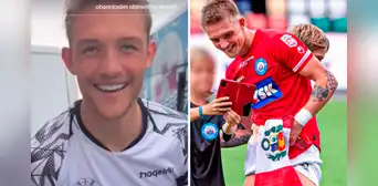 La reacción de Oliver Sonne al encontrarse con hinchas de la selección y ver la bandera peruana La reacción de Oliver Sonne al encontrarse con hinchas de la selección y ver la bandera peruana