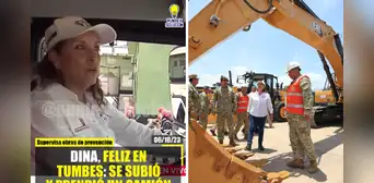 Boluarte subió a camión en Tumbes para supervisar obra y genera controversia: "Solo para la foto"