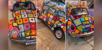 Mujer deja en shock a usuarios al tejer a crochet colorido forro para un Volkswagen: “Es una obra de arte”