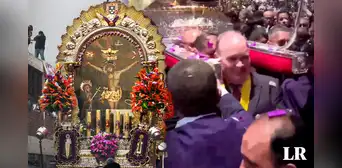 Rafael López Aliaga carga la imagen del Señor de los Milagros en las afueras del Palacio Municipal