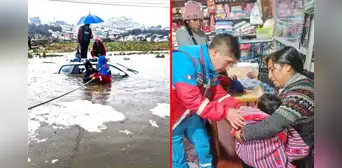 Rescatan a bebé y su familia de vehículo atrapado en inundación por lluvias en Cerro de Pasco