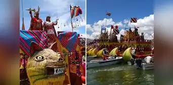 Recrean salida de fundadores del imperio incaico Manco Cápac y Mama Ocllo del lago Titicaca Recrean salida de fundadores del imperio incaico Manco Cápac y Mama Ocllo del lago Titicaca