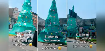 Captan árbol navideño de SJL elaborado con material de construcción y en redes dicen: "Parece yunza"