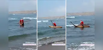 Captan a 'Papá Noel' surfeando en Huanchaco y usuarios bromean: “Cambió los renos por el caballito de totora”