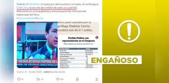 El JNE no dio “más de 1 millón de soles” a Perú Libre, el partido de Vladimir Cerrón