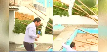 Reportero cae a piscina de Susana Villarán en Lurín cuando informaba en vivo de su demolición Reportero cae a piscina de Susana Villarán en Lurín cuando informaba en vivo de su demolición