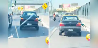 Hombre transita por Chile con manguera de combustible conectada al auto: “Ahora son inalámbricos”